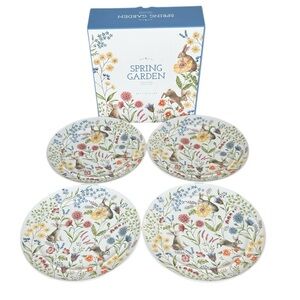 Pottery Barn Spring Garden Stoneware Salad Plates Bunny Floral Print Set of 4 Ne